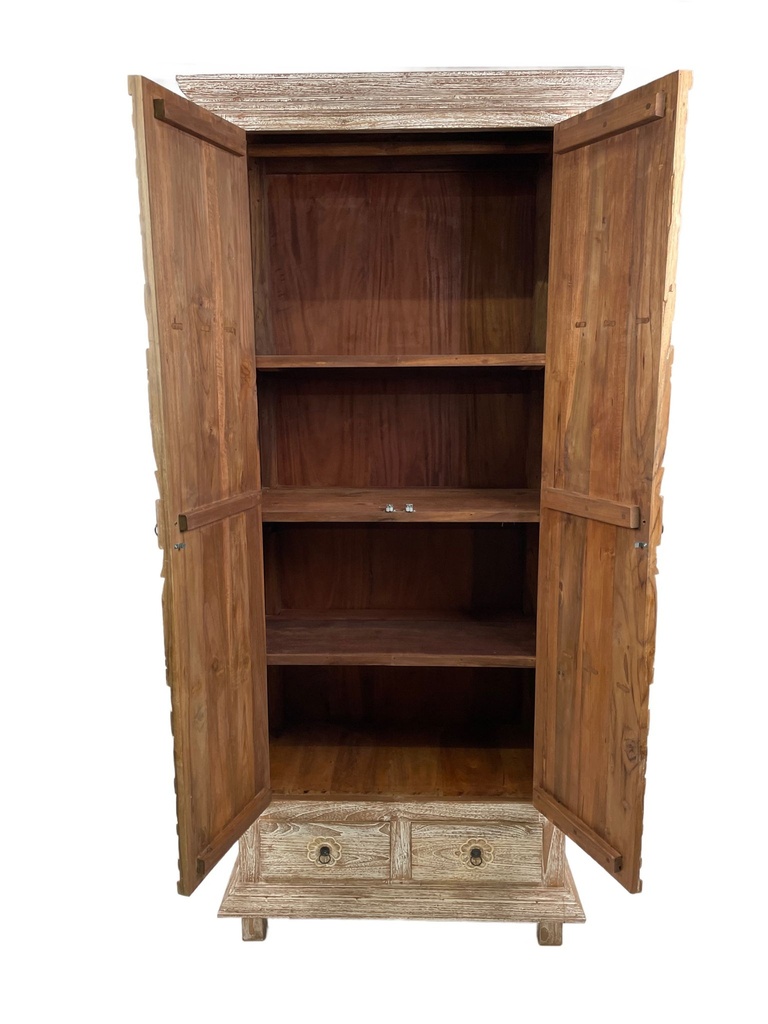 Armoire Sculptée - 2 Portes, 3 étagères, 2 tiroirs - 200 x 89 x 46 cm