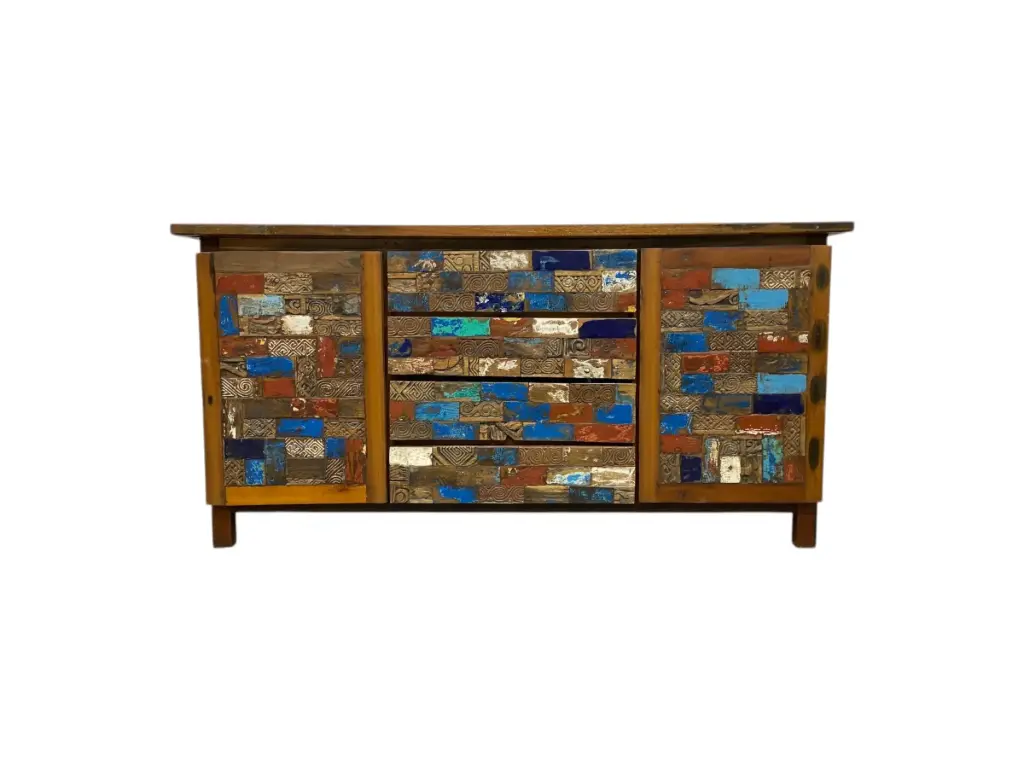 Buffet marqueté et sculpté - 2 portes, 4 tiroirs - 90 x 181 x 50 cm.webp