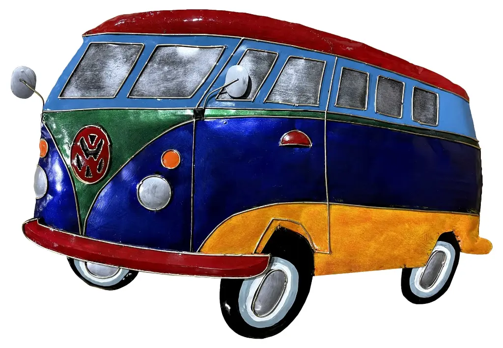 Décoration Murale 'Pimp VW Combi' - Mauve, Vert, Bleu Ciel, Rouge & Jaune - 65 x 43 x 2,5 cm.webp