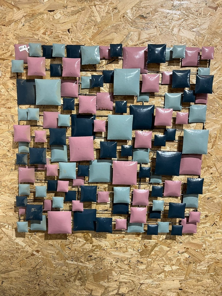 Décoration Murale "Carrés" Grise, Bleue et Rose - 100 x 100 x 8 cm