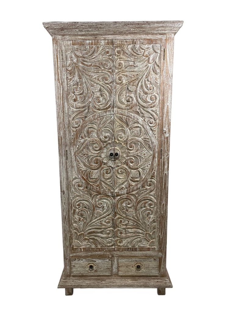Armoire Sculptée - 2 Portes, 3 étagères, 2 tiroirs - 200 x 89 x 46 cm