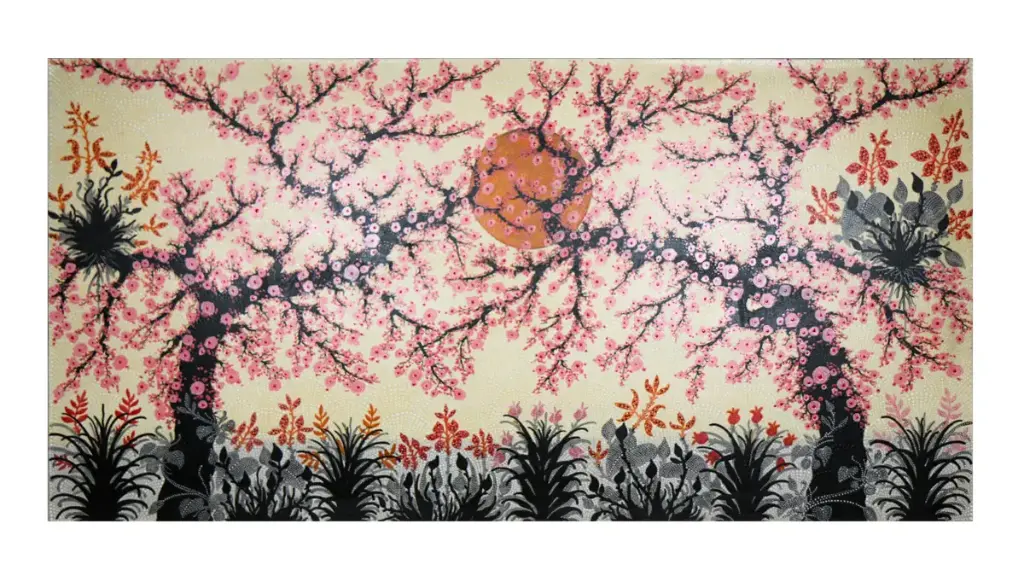 Peinture "Cerisier" - Jaune & Rose - 100 x 200 x 4 cm