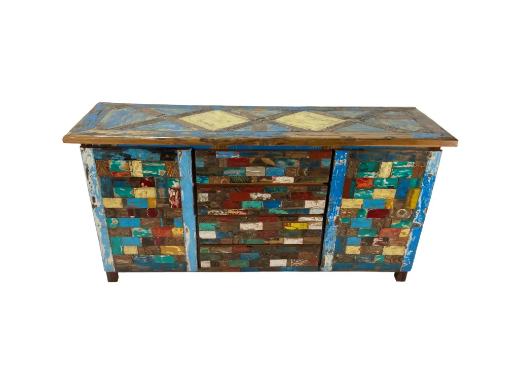 Buffet marqueté et sculpté - 2 portes, 4 tiroirs - 91 x 180 x 51 cm