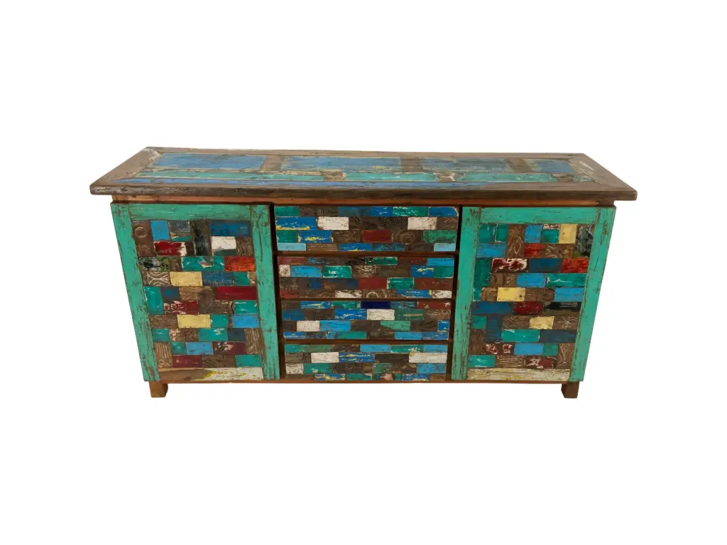 Buffet marqueté et sculpté - 2 portes, 4 tiroirs - 90 x 180 x 50 cm