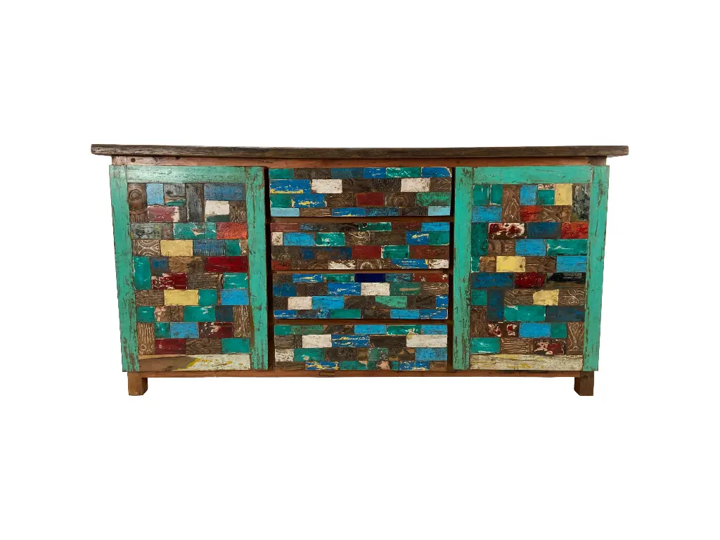 Buffet marqueté et sculpté - 2 portes, 4 tiroirs - 90 x 180 x 50 cm