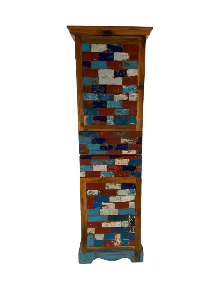 Armoire Colonne marquetée - 2 portes, 2 tiroirs - 200 x 64 x 55 cm