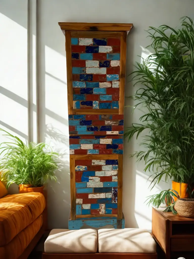 Armoire Colonne marquetée - 2 portes, 2 tiroirs - 200 x 64 x 55 cm