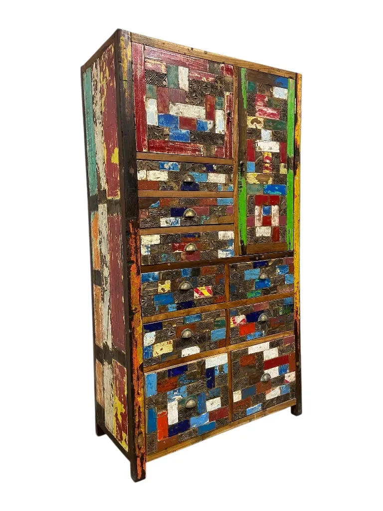 Armoire marquetée et sculptée - 9 tiroirs, 2 portes - 180 x 102 x 45 cm