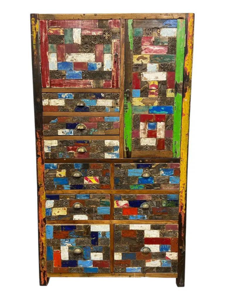 Armoire marquetée et sculptée - 9 tiroirs, 2 portes - 180 x 102 x 45 cm