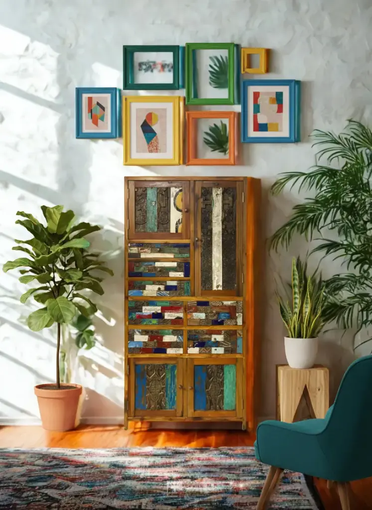 Armoire marquetée et sculptée - 9 tiroirs, 2 portes - 180 x 102 x 45 cm