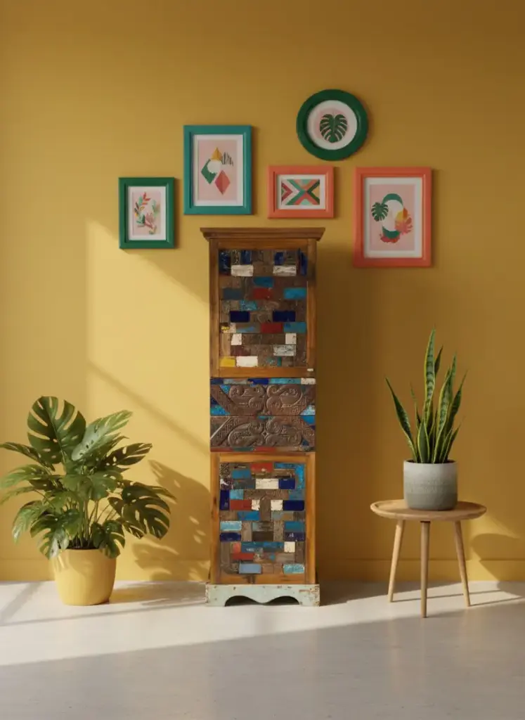 Armoire Colonne marquetée et sculptée - 2 portes, 2 tiroirs - 200 x 64 x 55 cm