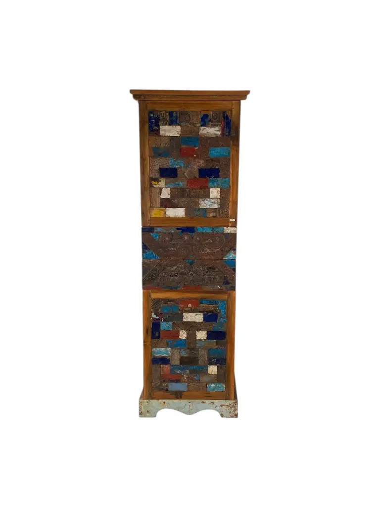 Armoire Colonne marquetée et sculptée - 2 portes, 2 tiroirs - 200 x 64 x 55 cm