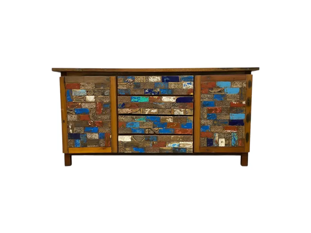 Buffet marqueté et sculpté - 2 portes, 4 tiroirs - 90 x 181 x 50 cm
