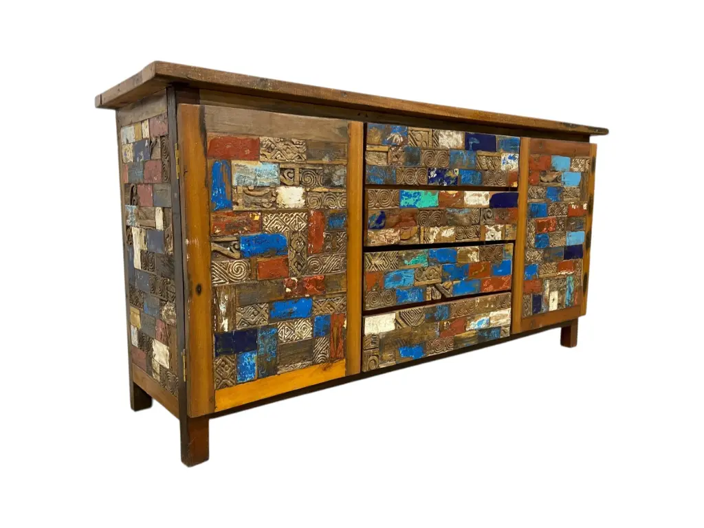 Buffet marqueté et sculpté - 2 portes, 4 tiroirs - 90 x 181 x 50 cm