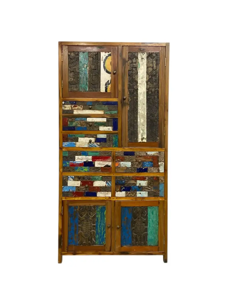 Armoire marquetée et sculptée - 4 portes, 7 tiroirs - 200 x 100 x 45 cm