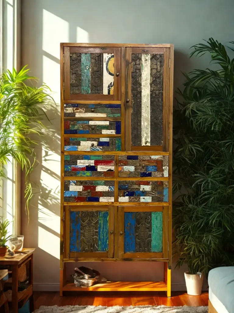 Armoire marquetée et sculptée - 4 portes, 7 tiroirs - 200 x 100 x 45 cm