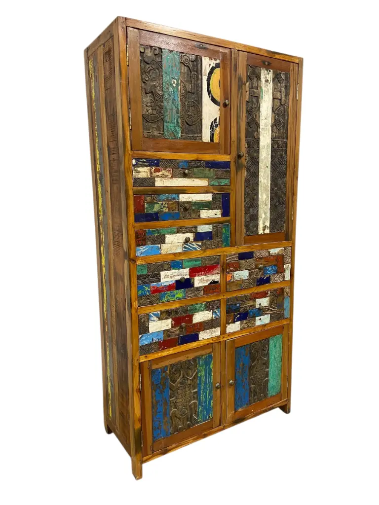 Armoire marquetée et sculptée - 4 portes, 7 tiroirs - 200 x 100 x 45 cm