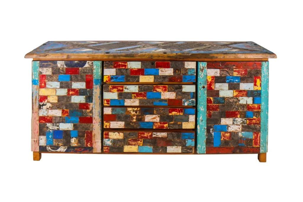 Buffet marqueté et sculpté - 2 portes, 4 tiroirs - 91 x 188 x 52 cm