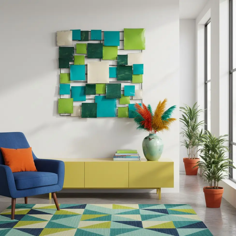 Décoration Murale 'Pimp Carré' - Turquoise, Vert Clair, Vert Foncé & Crème - 50 x 50 x 5 cm