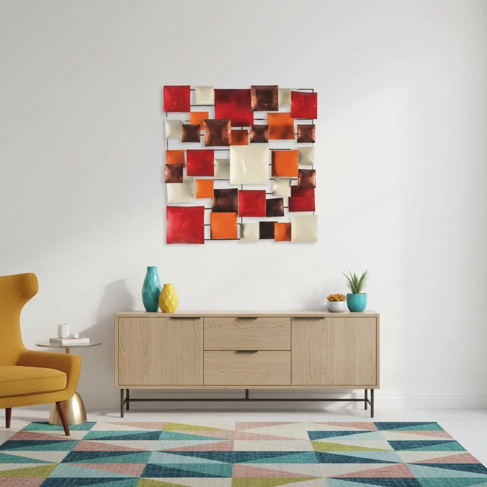 Décoration Murale 'Pimp Carré' - Orange, Rouge, Cuivre & Crème - 50 x 50 x 5 cm