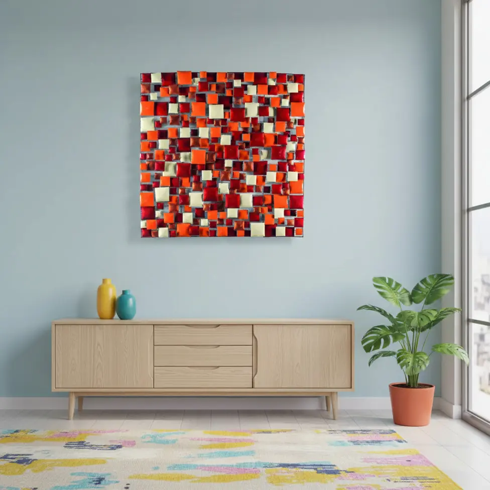 Décoration Murale 'Pimp Carré' - Orange, Rouge, Cuivre & Crème - 150 x 150 x 5 cm