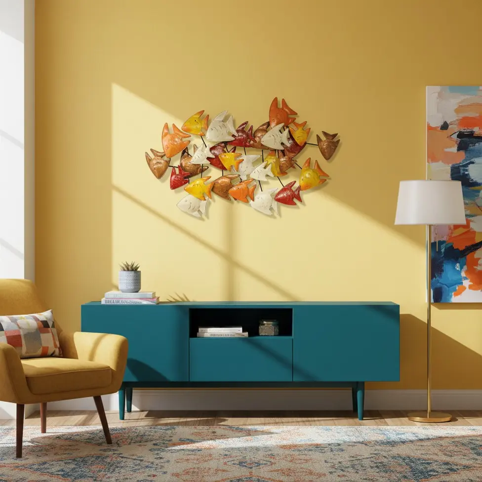 Décoration Murale 'Pimp Banc de Poisson' - Cuivre, Orange, Rouge & Crème - 45 x 80 x 10 cm