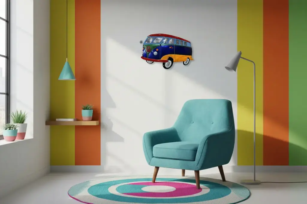 Décoration Murale 'Pimp VW Combi' - Mauve, Vert, Bleu Ciel, Rouge & Jaune - 65 x 43 x 2,5 cm