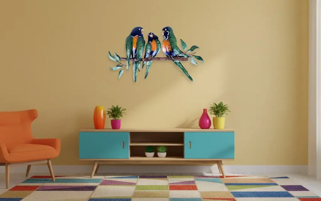 Décoration Murale 'Pimp 3 Birds On Tree' - Bleu & Orange - 50 x 30 x 3,5 cm