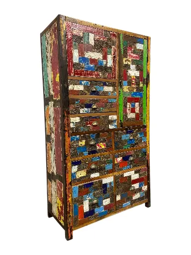 [2026-03-24-0072-A] Armoire marquetée et sculptée - 9 tiroirs, 2 portes - 180 x 102 x 45 cm