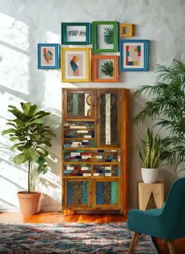 [2026-03-24-0072-A] Armoire marquetée et sculptée - 9 tiroirs, 2 portes - 180 x 102 x 45 cm