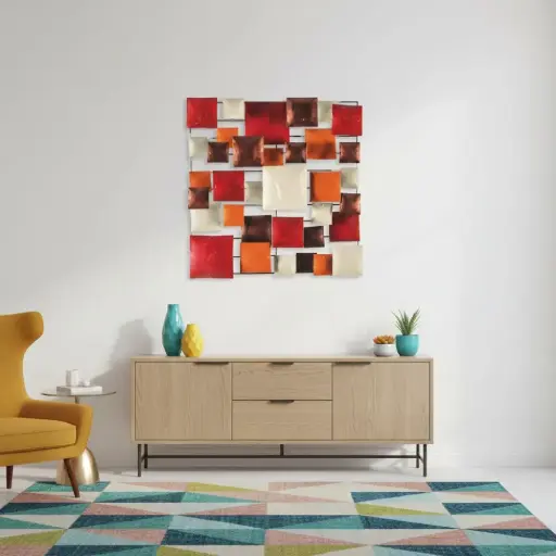 [PS50-05-C] Décoration Murale 'Pimp Carré' - Orange, Rouge, Cuivre & Crème - 50 x 50 x 5 cm