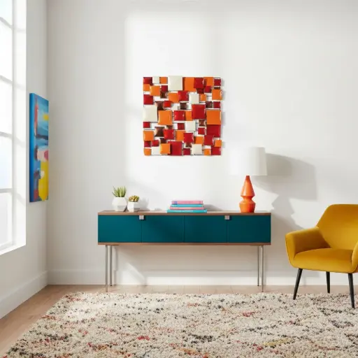 [PS70-05-C] Décoration Murale 'Pimp Carré' - Orange, Rouge, Cuivre & Crème - 70 x 70 x 5 cm