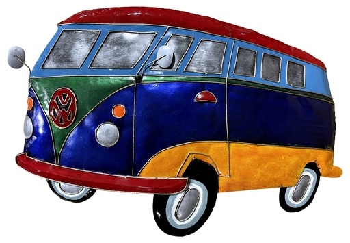 [PVW65-06-C] Décoration Murale 'Pimp VW Combi' - Mauve, Vert, Bleu Ciel, Rouge & Jaune - 65 x 43 x 2,5 cm