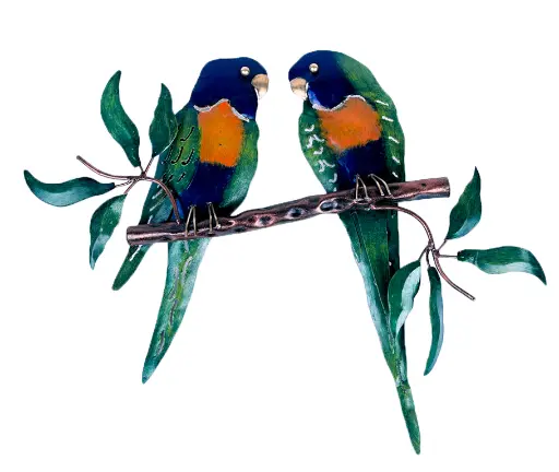 [P2BT40-02-C] Décoration Murale 'Pimp 2 Birds On Tree' - Bleu & Orange - 40 x 30 x 3,5 cm