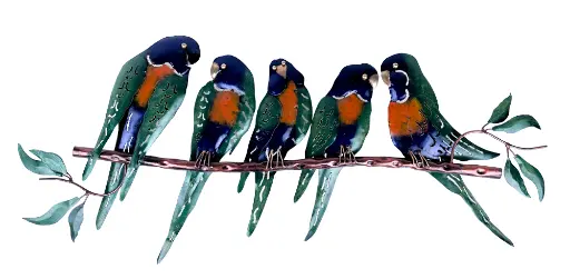 [P5BT75-02-C] Décoration Murale 'Pimp 5 Birds On Tree' - Bleu & Orange - 75 x 33 x 3,5 cm