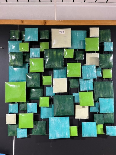 [2024-06-04-0050-B] Décoration Murale "Carrés" Verte, Turquoise et Blanche - 70 x 70 x 7 cm