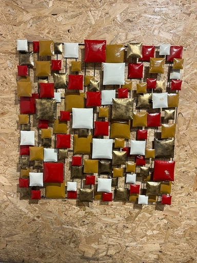 [2024-06-07-0040-B] Décoration Murale "Carrés" Rouge, Brune, Dorée et Crème - 100 x 100 x 8 cm