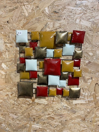 [2024-06-07-0044-B] Décoration Murale "Carrés" Rouge, Brune, Dorée et Crème - 50 x 50 x 8 cm