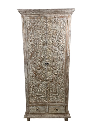[2024-06-28-0038-A] Armoire Sculptée - 2 Portes, 3 étagères, 2 tiroirs - 200 x 89 x 46 cm
