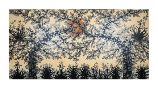 [2025-09-26-0151-A] Peinture "Cerisier" - Orange & Gris - 100 x 200 x 4 cm