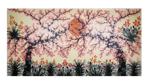 [2025-09-26-0156-A] Peinture "Cerisier" - Jaune & Rose - 100 x 200 x 4 cm